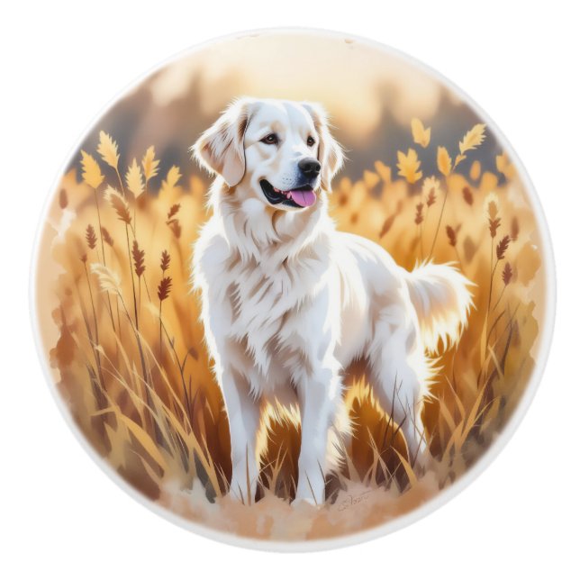 White Golden Retriever Dog Ceramic Knob (Front)