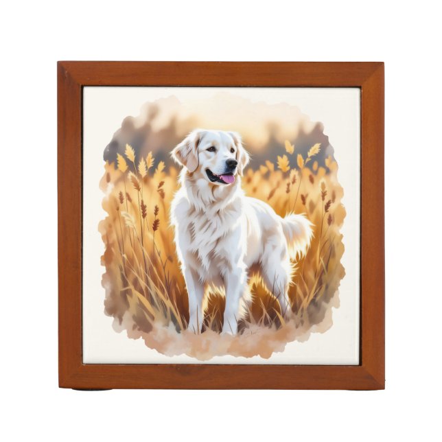 White Golden Retriever Dog Desk Organizer (Front)