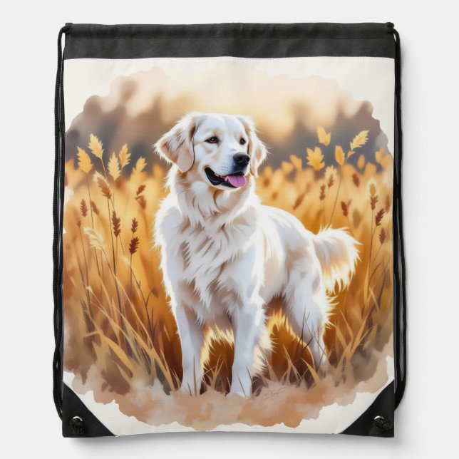 White Golden Retriever Dog Drawstring Bag (Front)