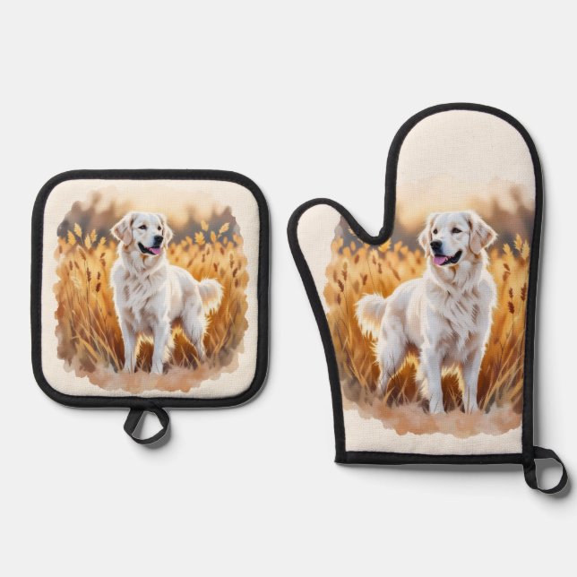 White Golden Retriever Dog Oven Mitt & Pot Holder Set (Front)