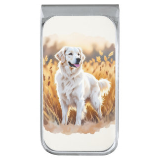 White Golden Retriever Dog Silver Finish Money Clip