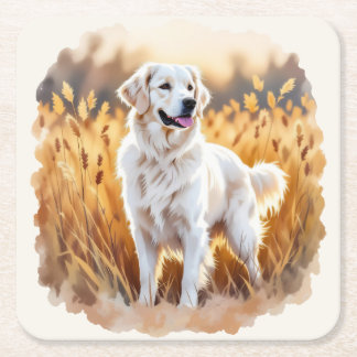 White Golden Retriever Dog Square Paper Coaster