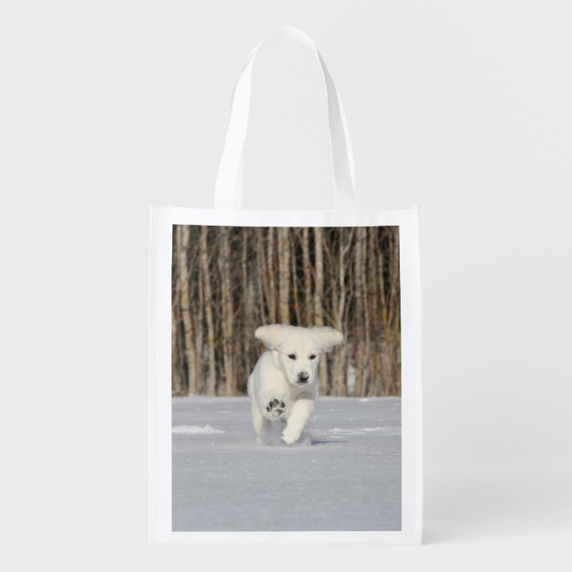 White Golden Retriever Puppy in Snow Grocery Bag (Front)