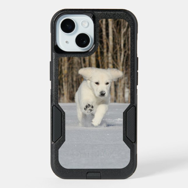 White Golden Retriever Puppy in Snow iPhone 15 Case (Back)