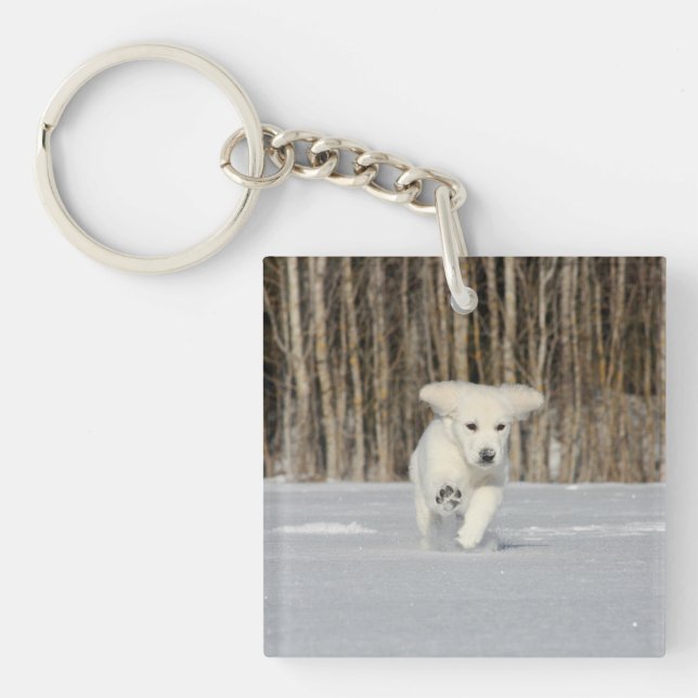 White Golden Retriever Puppy in Snow Keychain (Front)