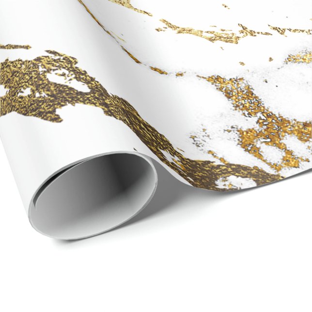 White Golden Stroke Marble Shiny Glam Abstract VIP Wrapping Paper (Roll Corner)