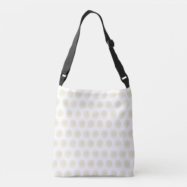 White | Golden Zinnia Flower Medallions Crossbody Bag (Back)