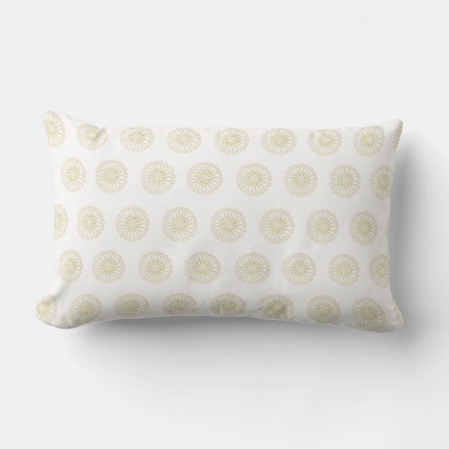White | Golden Zinnia Flower Medallions Lumbar Pillow (Front)
