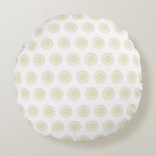 White | Golden Zinnia Flower Medallions Round Pillow (Front)