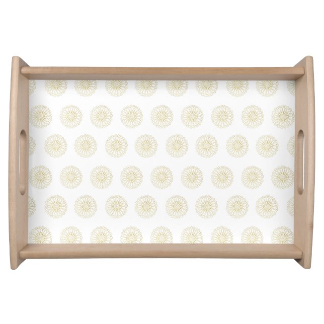 White | Golden Zinnia Flower Medallions Serving Tray (Front)