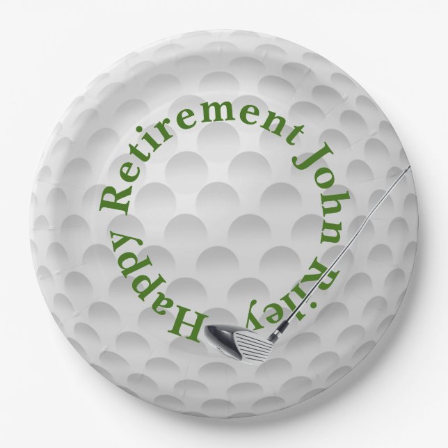 White Golf Bal with Club Retirement Paper Plates (Front)