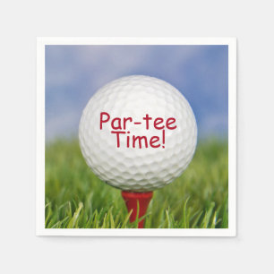 white golf ball on red tee for sports party napkins