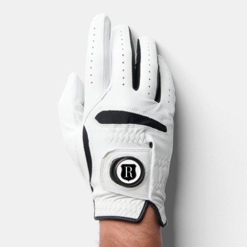 White golf gloves with custom monogram ball marker