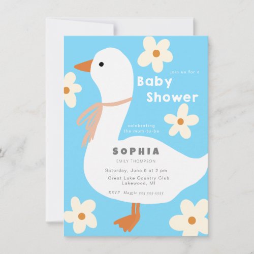 White Goose and Daisies Baby Shower Invitation