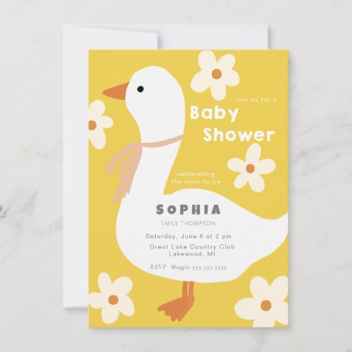 White Goose and Daisies Baby Shower Invitation