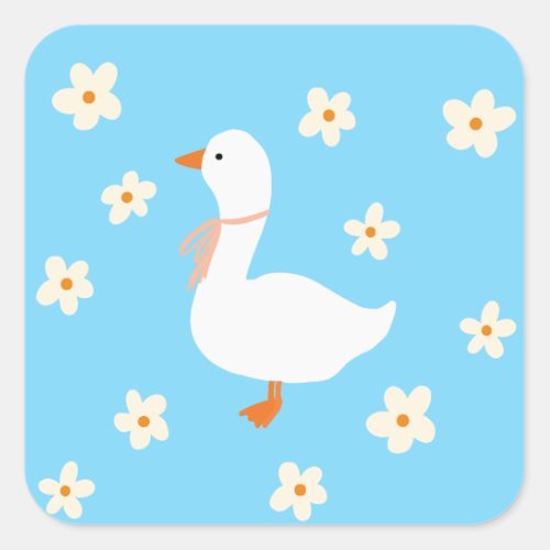 White Goose and Daisies Square Sticker