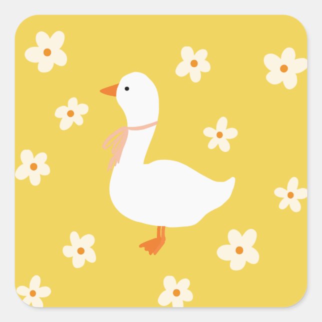 White Goose and Daisies Square Sticker (Front)
