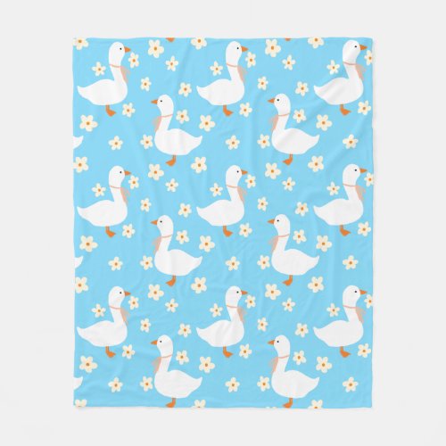 White Goose and Daisies Thank You Blue Fleece Blanket