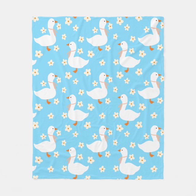 White Goose and Daisies Thank You Blue Fleece Blanket (Front)