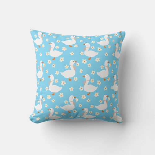 White Goose and Daisies Thank You Blue Throw Pillow