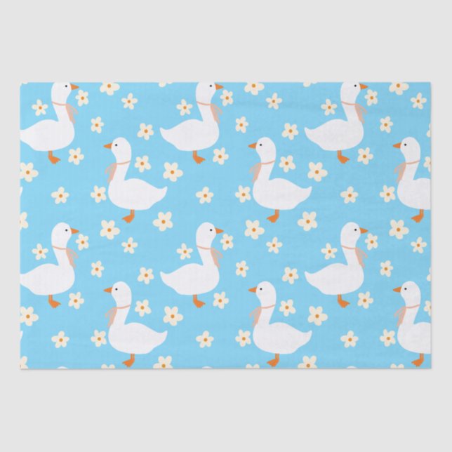 White Goose and Daisies Thank You Blue Tissue Paper (Front)