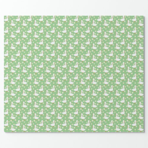 White Goose and Daisies Thank You Green Wrapping Paper