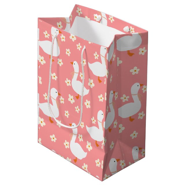 White Goose and Daisies Thank You Pink Medium Gift Bag (Front Angled)