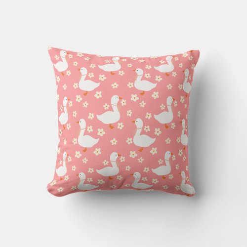 White Goose and Daisies Thank You Pink Throw Pillow