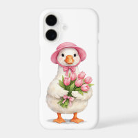 White Goose Holding Pink Tulip Bouquet