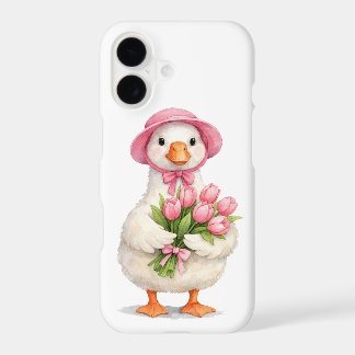 White Goose Holding Pink Tulip Bouquet iPhone 17 Case