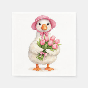 White Goose Holding Pink Tulip Bouquet Napkins