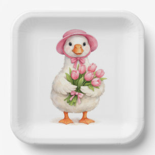 White Goose Holding Pink Tulip Bouquet Paper Plates