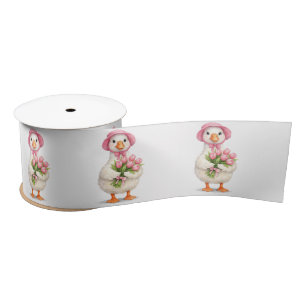 White Goose Holding Pink Tulip Bouquet Satin Ribbon