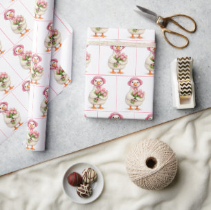 White Goose Holding Pink Tulip Bouquet Wrapping Paper