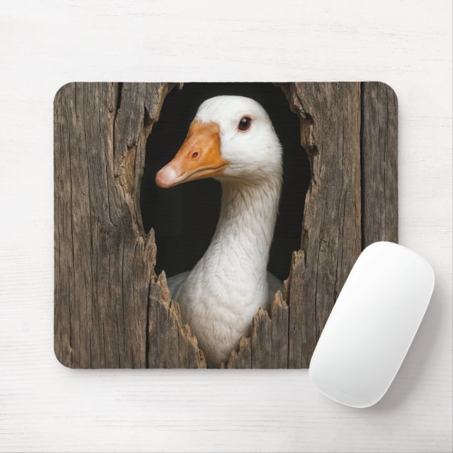 White Goose Peeking From Jagged Wood Hole Mouse Pad (With Mouse)