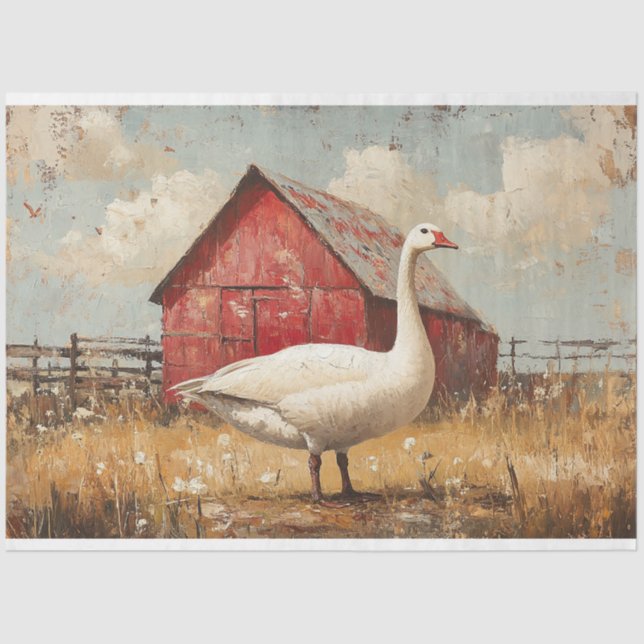 White Goose Red Barn Artwork Decoupage Tissue Paper (Front)