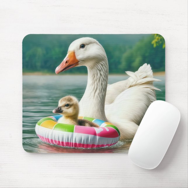 White Goose With Gosling In an Inflatable Ring Mouse Pad (With Mouse)
