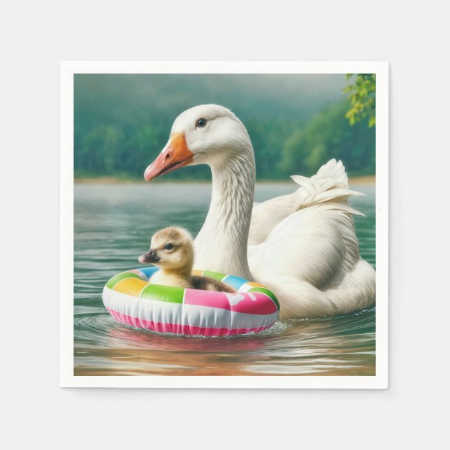 White Goose With Gosling In an Inflatable Ring Napkins (Front)
