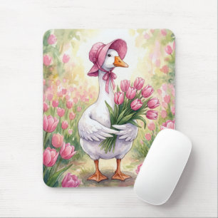 White Goose With Pink Tulips Mouse Pad