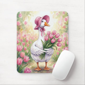 White Goose With Pink Tulips Mouse Pad