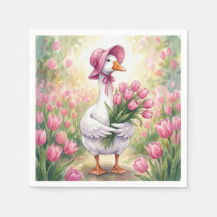 White Goose With Pink Tulips Napkins