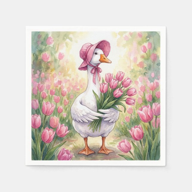White Goose With Pink Tulips Napkins (Front)