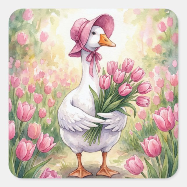 White Goose With Pink Tulips Square Sticker (Front)