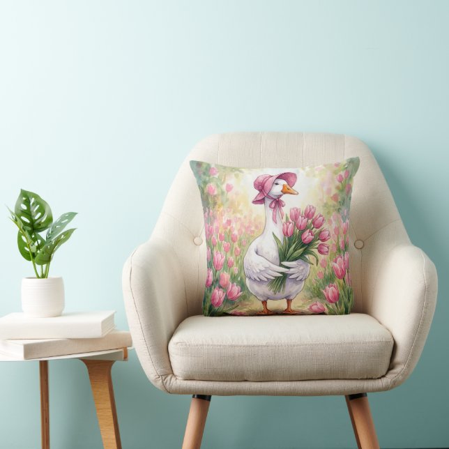 White Goose With Pink Tulips Throw Pillow (Chair)