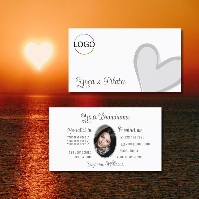 White Gorgeous Gray Heart with Logo and Photo Cute Business Card (Creator Uploaded)