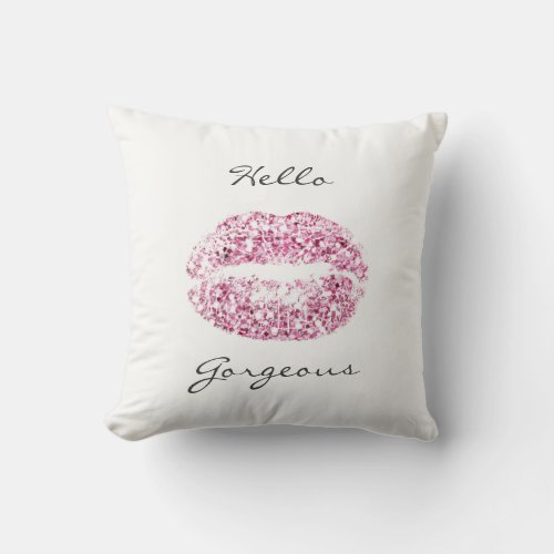 White Gorgeous Sparkly Pink Kiss Lips Glitter Throw Pillow