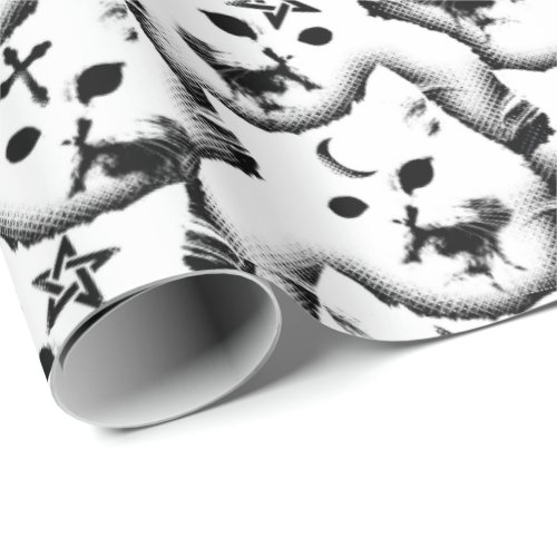 White Gothic Kitten Witch Cat Pentagram and Moons Wrapping Paper