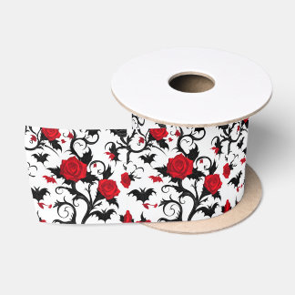 White Gothic Ribbon with Red Roses & Bats