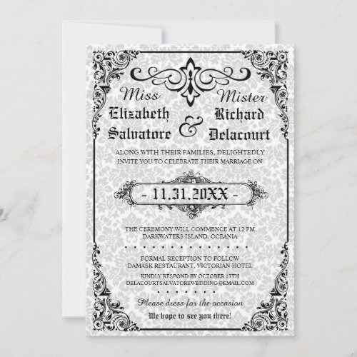 White Gothic Victorian Damask Wedding Invites