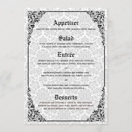 White Gothic Victorian Damask Wedding Menu Cards